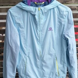 Salomon Light Blue Hooded Windbreaker Jacket, Womens M